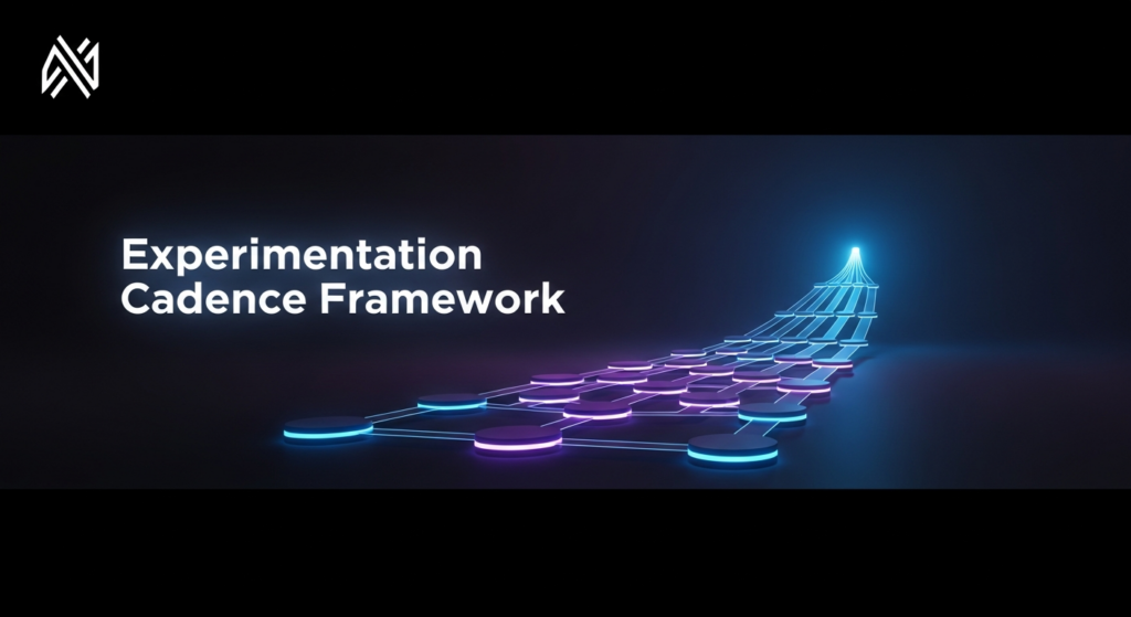 A dark, wide banner illustration for a blog post on experimentation cadence. It features a glowing, abstract pipeline or pathway composed of interconnected segments moving upwards against a deep, dark gradient background, symbolizing systematic growth. The text overlay reads 'Experimentation Cadence Framework' in a modern, glowing white font. A subtle website logo is in the top-left corner. The image uses cinematic lighting with neon blue and purple accents, providing a professional and premium look.