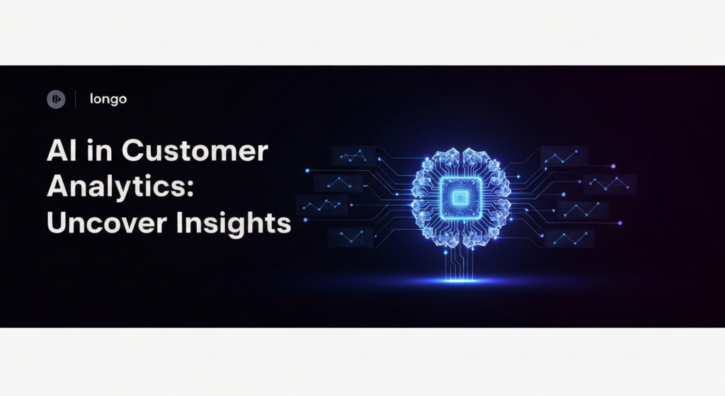 A dark, futuristic banner image featuring a glowing, abstract AI brain at its center, connected to swirling data streams that resolve into illuminated insights. The background is a deep gradient, with subtle neon blue and purple glows highlighting the AI and data. The text 'AI in Customer Analytics: Uncover Insights' is overlaid in a modern, glowing font, and a subtle website logo is in the top-left corner. The image symbolizes AI analyzing consumer data to reveal insights.