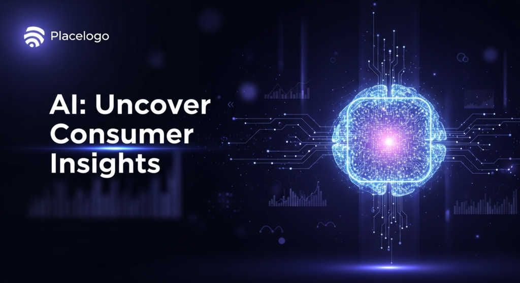 A futuristic and stylized AI brain or data core, glowing with blue and purple light against a dark, gradient background. Abstract data streams flow around it, representing complex analytics and consumer insights. The image features high-contrast cinematic lighting and a subtle neon glow. White text overlay reads 'AI: Uncover Consumer Insights' with a soft glow. A subtle monochrome logo is in the top-left corner, blending into the dark theme. The image is a wide banner composition, professional and minimal, conveying advanced AI insights into consumer data.