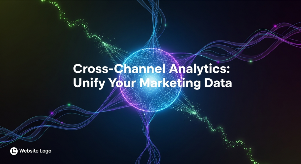 An abstract, dark-themed image illustrating cross-channel analytics. Multiple glowing, soft neon data streams (blue, purple, green) converge and merge into a single luminous central sphere or vortex, symbolizing the unification of disparate marketing data. The background is a deep, dark gradient with cinematic lighting and subtle glow accents. Centered text reads: 'Cross-Channel Analytics: Unify Your Marketing Data' in a glowing white sans-serif font. A subtle 'Website Logo' is in the bottom-left corner.