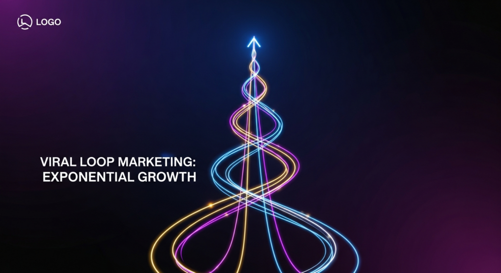 A dark-themed, wide banner image for a blog post on viral loop marketing. It features a glowing, abstract, upward-spiraling loop illustration in vibrant neon blue and purple, symbolizing exponential growth and continuous cycles. The background is a deep gradient of dark blue and black. Below the central graphic, the text 'VIRAL LOOP MARKETING: EXPONENTIAL GROWTH' is displayed in a modern, glowing sans-serif font. A subtle, minimalist company logo is in the top-left corner.