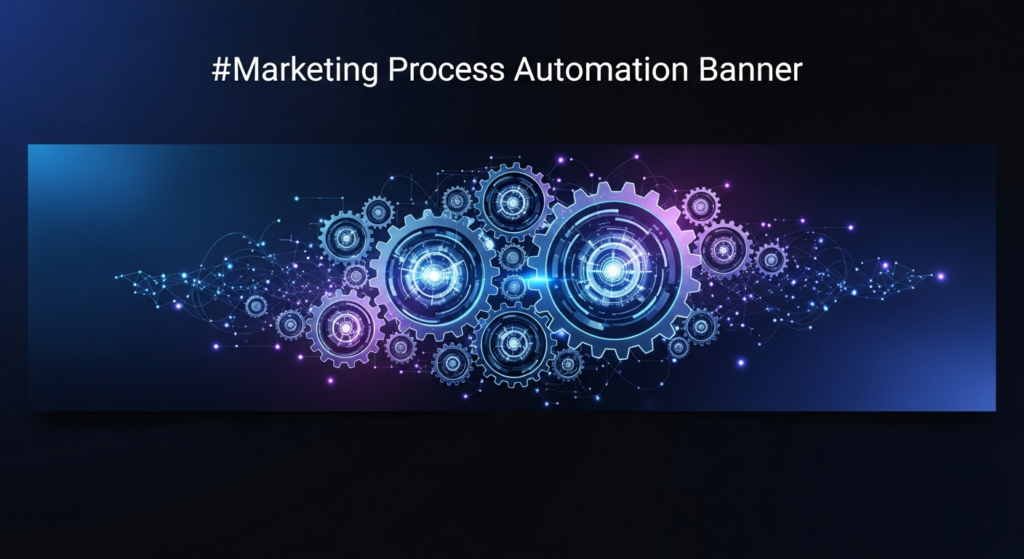 A wide banner image depicting abstract, interconnected glowing digital gears and data flow lines on a deep, dark gradient background, symbolizing marketing process automation. The image features cinematic lighting with neon blue and purple glow highlights, a subtle 'Website Logo' in the top-left corner, and the text 'Automate Your Marketing: A Step-by-Step Guide' with a soft glow.