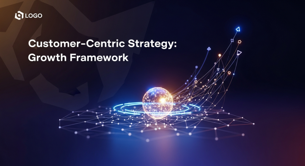 A dark-themed wide banner image featuring an abstract, glowing blue and gold sphere representing a customer at the center of an interconnected, expanding framework of luminous lines and nodes. The background is a deep indigo gradient with cinematic lighting, creating a high-contrast, modern tech illustration. The text 'Customer-Centric Strategy: Growth Framework' glows in a sans-serif font above the central visual, and a subtle monochrome website logo is in the top-left corner.