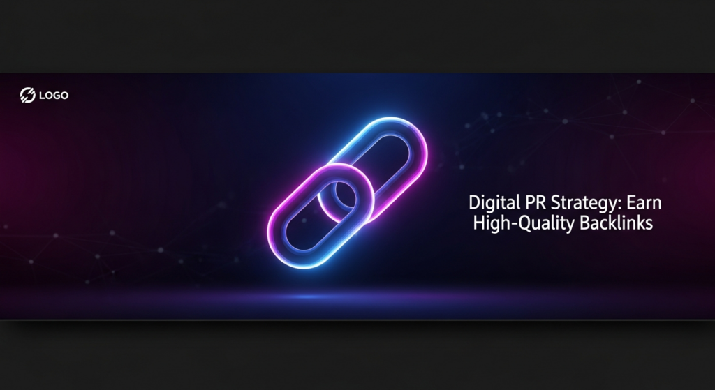 A dark-themed blog featured image showing a glowing, abstract chain link icon symbolizing a high-quality backlink and digital PR. The image has a deep dark gradient background with subtle network lines and cinematic blue and magenta glow accents. The text 'Digital PR Strategy: Earn High-Quality Backlinks' is in a modern, glowing sans-serif font, with a subtle website logo in the top-left corner.