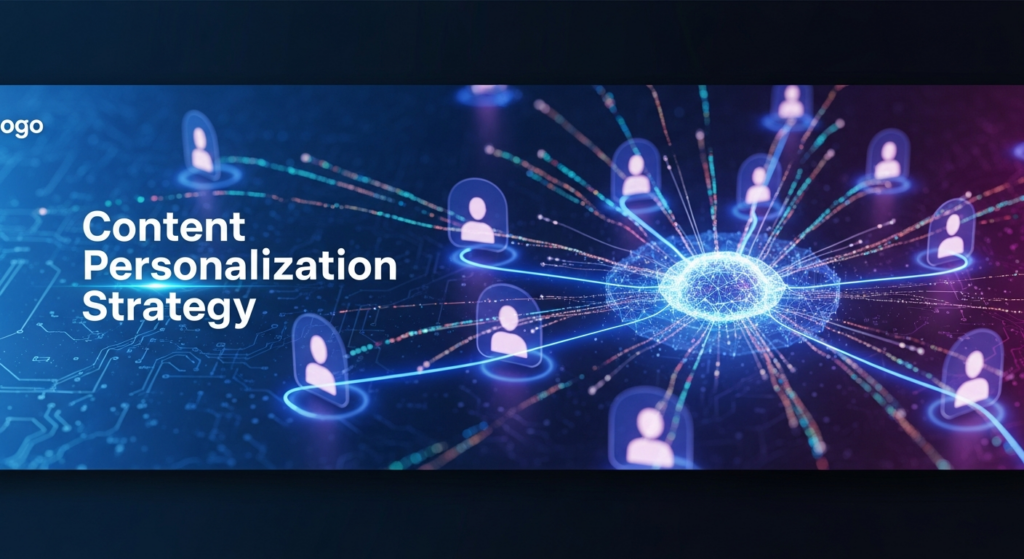 A dark, high-tech illustration depicting a central glowing data nexus radiating personalized data streams towards multiple abstract user profile outlines, symbolizing content personalization at scale. Features cinematic lighting with neon blue and violet accents, the text 'Content Personalization Strategy' glowing on a dark gradient background, and a subtle website logo in the top-left.