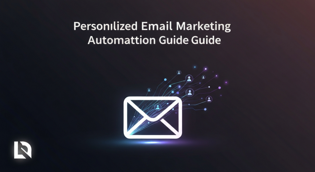 A dark-themed banner image featuring a glowing, stylized email icon at the center, surrounded by abstract data streams and network lines in blue and purple, illustrating personalized email marketing and automation. The text 'Personalized Email Marketing Automation Guide' is overlaid, with a subtle website logo in the bottom-left corner. The style is modern, high-contrast, and professional with cinematic lighting.