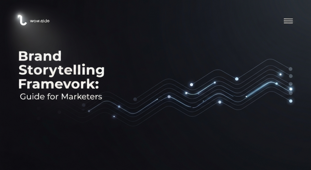 An abstract, dark-themed digital illustration for a blog post about brand storytelling. Glowing, interconnected lines and nodes form a dynamic, futuristic framework against a deep gradient background, representing a narrative path and emotional connections. The text 'Brand Storytelling Framework: Guide for Marketers' is subtly overlaid.