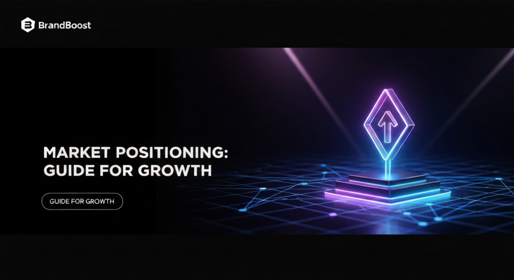 A dark-themed wide banner image depicting a glowing, upward-pointing geometric beacon on an abstract digital grid, symbolizing market positioning and business growth. The text overlay reads 'MARKET POSITIONING: GUIDE FOR GROWTH', and a monochrome logo is in the top-left corner.