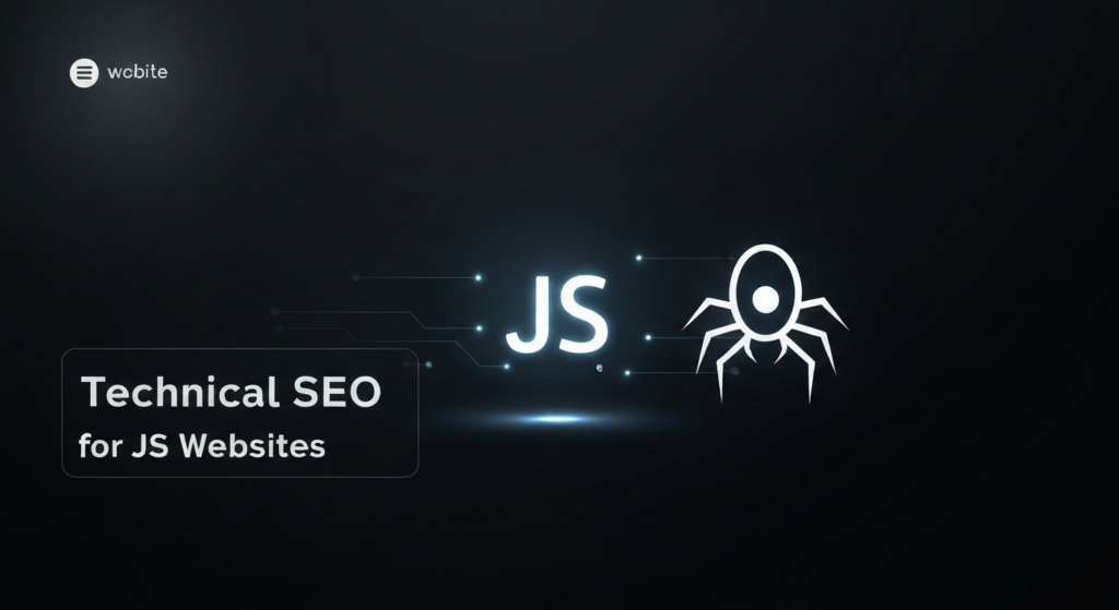 A dark, wide banner image featuring a central glowing JavaScript (JS) logo connected by luminous data lines to a minimalist, abstract search engine bot icon, symbolizing rendering and indexing. The background is a dark gradient with subtle neon glow accents. In the lower-left corner, the text 'Technical SEO for JS Websites' glows softly. A subtle monochrome website logo is in the top-left corner.