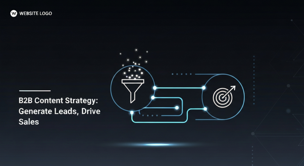 A dark, high-contrast, modern illustration depicting a glowing abstract content pipeline branching into distinct nodes for lead generation and sales. The central flow represents B2B content strategy, with one branch leading to a stylized glowing funnel icon for lead generation and another to an upward trend icon for sales conversion. The image uses cinematic lighting with neon and soft glow highlights against a deep dark gradient background. Text overlay reads 'B2B Content Strategy: Generate Leads, Drive Sales.' A subtle monochrome website logo is in the top-left corner.
