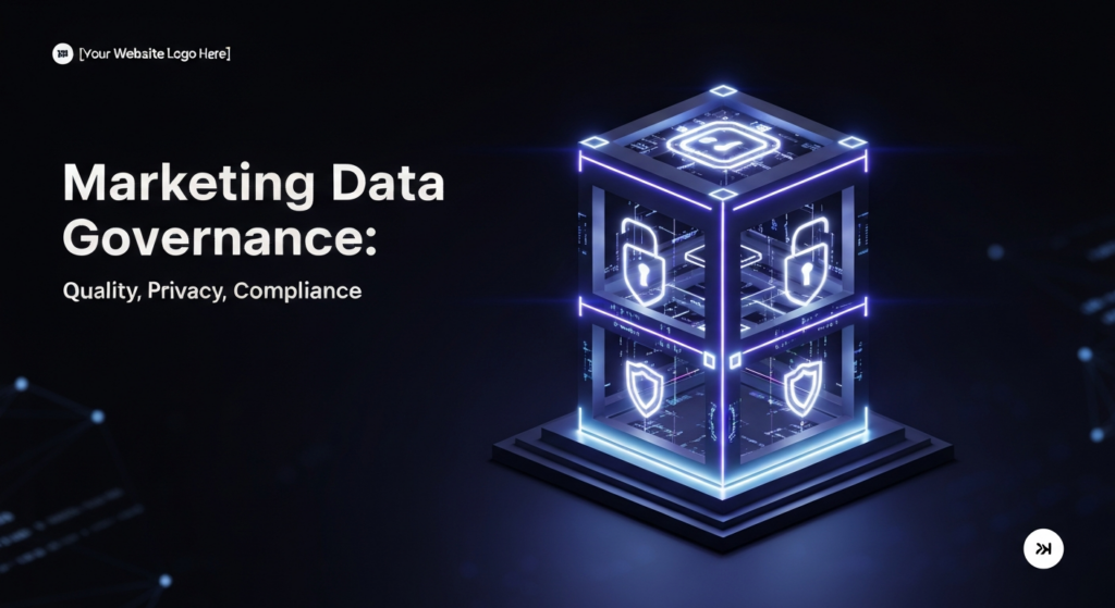 A dark, high-contrast digital illustration depicting a central, glowing abstract 3D data structure, resembling a secure data vault or network hub, against a deep gradient background. The structure emits a soft tech-blue and purple glow with neon accents, symbolizing secure marketing data governance, quality, privacy, and compliance. Text overlay reads 'Marketing Data Governance: Quality, Privacy, Compliance' in a modern sans-serif font with a subtle glow. The design is minimal, professional, and suitable for dark mode websites with a subtle website logo in a corner.