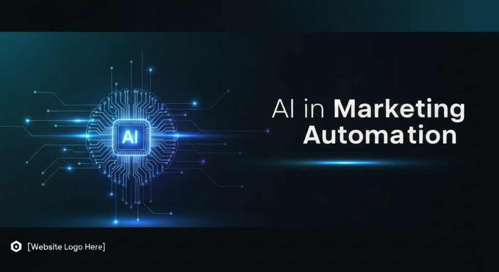A dark-themed wide banner image for a blog about AI in marketing automation. A central glowing, abstract neural network core, pulsing with neon blue and deep purple light, represents artificial intelligence. Subtle light trails emanate from it, symbolizing data flow and campaign optimization. The text 'AI in Marketing Automation' is overlaid in a glowing sans-serif font. The website logo is subtly placed in the bottom-left corner.