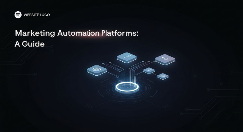An abstract, dark-themed image showing glowing data streams branching from a central hub to three distinct modular elements, symbolizing a comparison of marketing automation platforms. Text overlay reads 'Marketing Automation Platforms: A Guide'. A subtle website logo is in the top-left.