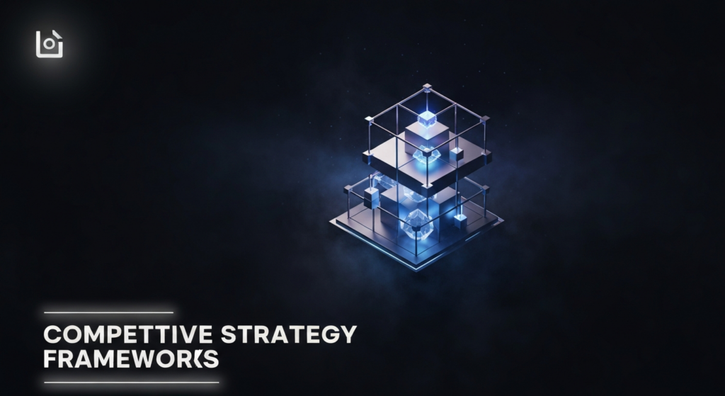 A dark-themed wide banner image featuring an abstract, glowing 3D geometric structure representing competitive strategy frameworks. The structure, composed of interconnected blocks with electric blue and purple highlights, emerges from a dark gradient background, symbolizing market advantage and growth. The text 'Competitive Strategy Frameworks' is displayed with a soft glow, and a subtle website logo is in the top-left corner.