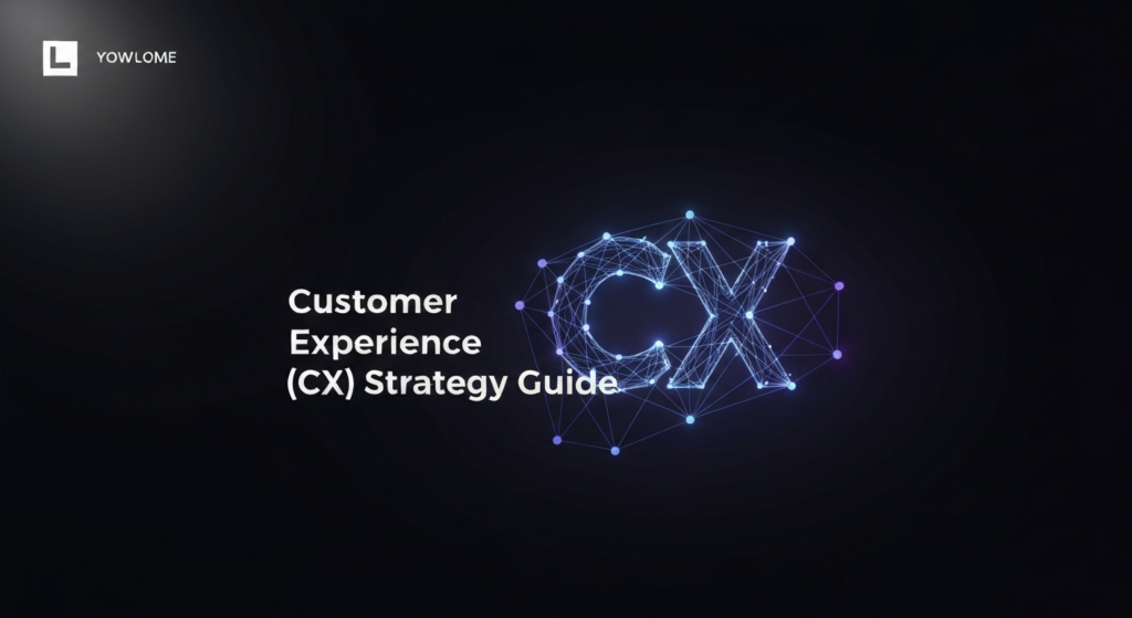A dark themed featured image for a blog post about Customer Experience (CX) strategy. It shows a central, glowing abstract network of interconnected lines and nodes, subtly forming the letters 'CX', representing a comprehensive customer journey strategy. The network glows with soft neon blue and purple against a deep dark gradient background. The text overlay reads 'Customer Experience (CX) Strategy Guide' in a modern, glowing sans-serif font. A subtle monochrome logo is in the top-left corner.