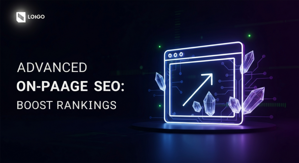 A dark, minimalist banner image featuring a glowing, abstract representation of a web page document with technical data nodes and an upward-pointing arrow, symbolizing advanced on-page SEO and boosted rankings. The text 'ADVANCED ON-PAGE SEO: BOOST RANKINGS' glows softly, and a subtle website logo is in the top-left corner.