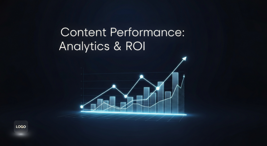 A dark, modern banner image for a content performance guide. It features a glowing 3D line graph showing an upward trend, surrounded by interconnected data points on a deep, dark gradient background. The text 'Content Performance: Analytics & ROI' is prominently displayed in white with a subtle glow. A subtle website logo icon is in the bottom-left corner, emphasizing analytics, growth, and measurement.