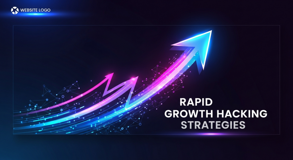 A dark, wide banner image featuring a glowing, abstract upward arrow or stylized rocket, symbolizing rapid business growth, emerging from subtle data streams. The arrow emits vibrant neon and soft blue-purple light against a deep, dark gradient background. The text 'Rapid Growth Hacking Strategies' is overlaid in a modern sans-serif font with a subtle glow. A discreet monochrome website logo is in the top-left corner. The style is modern tech illustration, cinematic, and uncluttered.