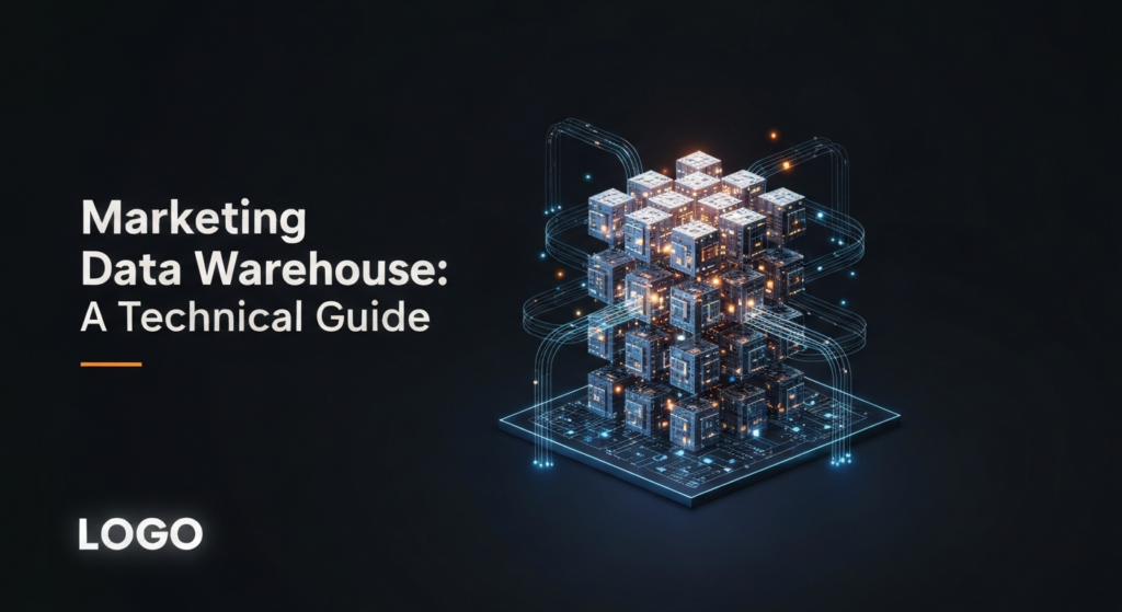 A dark, wide banner image showing a futuristic, glowing abstract data warehouse structure at its center, with luminous data streams flowing around it. The text 'Marketing Data Warehouse: A Technical Guide' is overlaid in a modern sans-serif font with a subtle glow. The image uses high-contrast cinematic lighting against a dark gradient background, with a website logo subtly placed in the bottom-left corner.