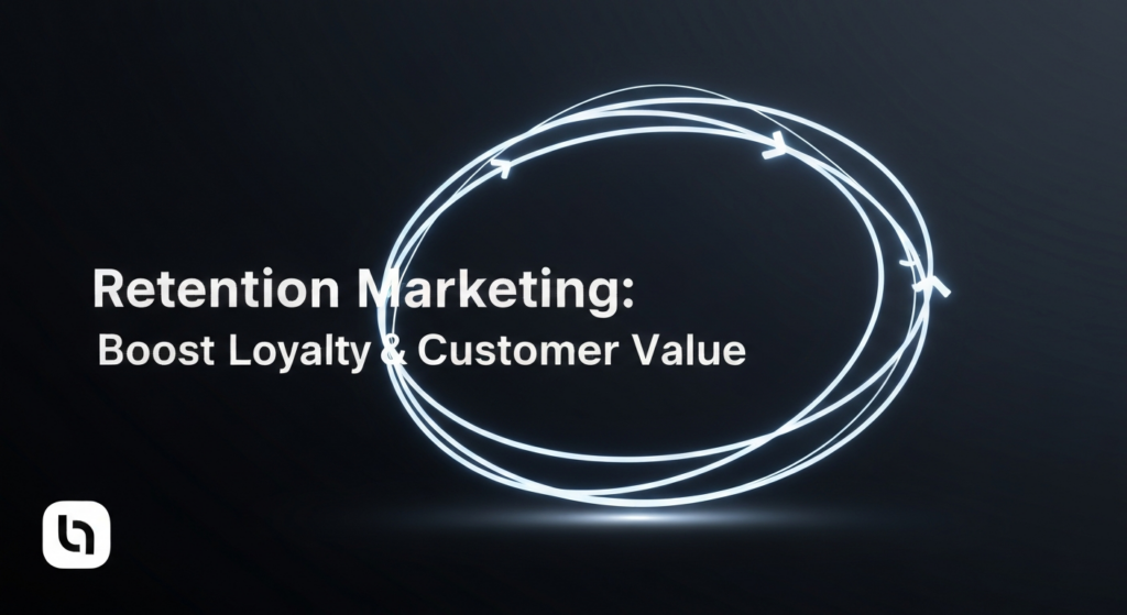 An abstract, dark-themed digital illustration featuring a glowing, continuous loop ascending subtly upwards, symbolizing customer retention and increasing customer lifetime value. The image has cinematic lighting, soft neon glow accents, and high contrast, set against a dark gradient background. Overlayed text reads 'Retention Marketing: Boost Loyalty & Customer Value' in a modern sans-serif font with a subtle glow. A monochrome website logo is subtly placed in the bottom left corner. The composition is clean, modern, and professional, with ample negative space.