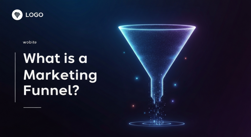 A dark-themed, modern digital illustration depicting a glowing, abstract marketing funnel with light trails representing customer journey stages. The wide top narrows to a focused bottom, symbolizing conversion. The image has cinematic lighting, soft neon glow accents, and a dark gradient background. Overlay text reads 'What is a Marketing Funnel?' in a modern font, with a subtly illuminated website logo in the top-left corner. The design is minimal and uncluttered.