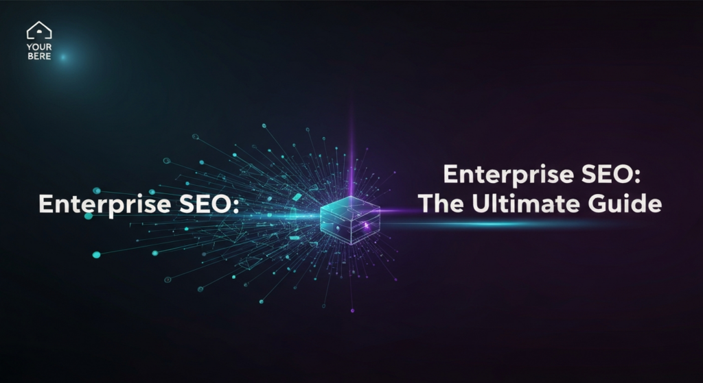 A dark, wide banner illustration featuring a glowing, abstract network of data lines and interconnected nodes, representing large-scale website architecture, converging on a central geometric shape that symbolizes strategic intelligence for enterprise SEO. The text overlay reads 'Enterprise SEO: The Ultimate Guide' with a subtle glow. A monochrome logo is in the top-left corner.