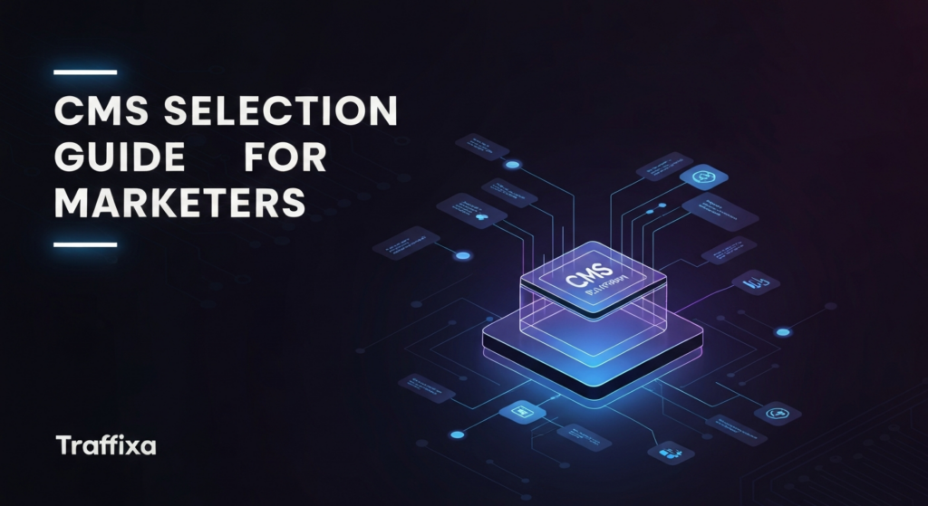 Abstract digital illustration of a glowing blue and purple 3D geometric shape representing a CMS platform, with interconnected data streams symbolizing selection and analysis. The image has a dark gradient background with subtle tech patterns. The text 'CMS Selection Guide for Marketers' is overlaid in a modern, glowing font. The Traffixa logo is subtly placed in the bottom-left corner.