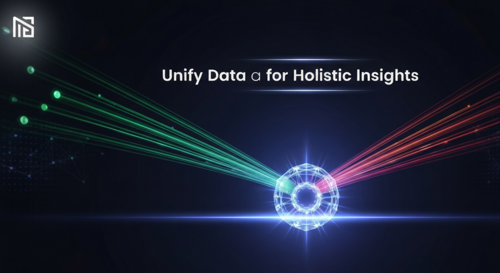 An abstract, dark-themed digital illustration showing multiple glowing data streams converging into a central, translucent orb, representing cross-channel analytics and unified data for holistic insights. The image features cinematic lighting with neon glows and the text 'Unify Data for Holistic Insights'. A subtle brand logo is in the top-left corner.
