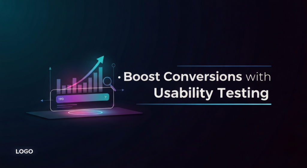 A modern, dark-themed digital illustration featuring a glowing call-to-action button or input field as the central focus, surrounded by subtle analytical lines and a rising arrow, representing usability testing for conversion rate optimization. The text 'Boost Conversions with Usability Testing' is overlaid, and a subtle website logo is in the corner.