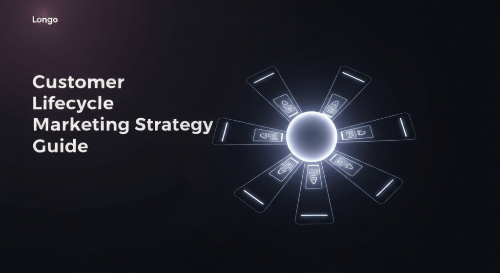 An abstract, dark, modern tech illustration depicting customer lifecycle marketing. A central glowing orb serves as a hub, from which five interconnected, softly glowing pathways radiate, symbolizing the five stages of a customer journey strategy. The image features cinematic lighting, high contrast, and subtle neon accents on a deep dark gradient background. Text overlay reads 'Customer Lifecycle Marketing Strategy Guide'. A subtle website logo is in the corner.