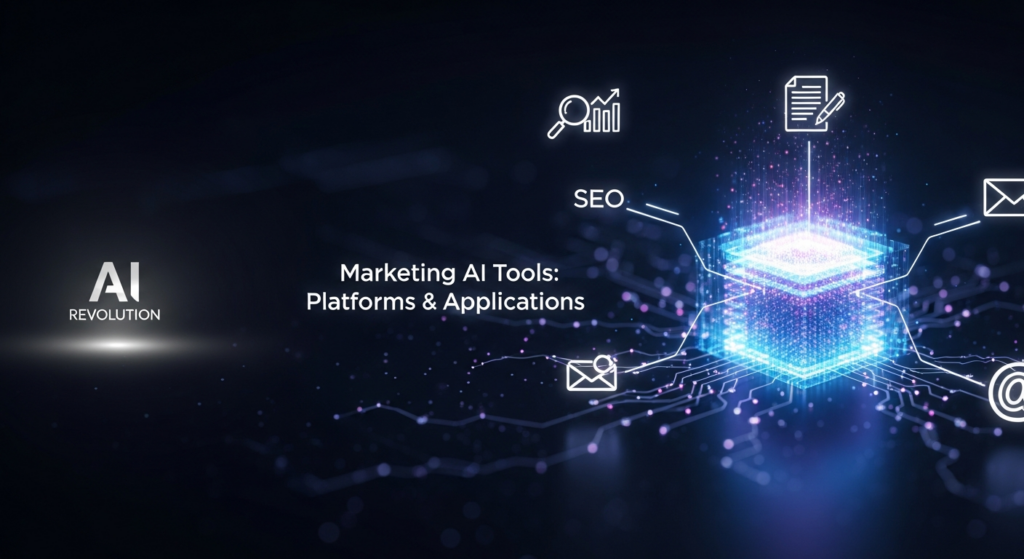 A dark, wide banner image showing a glowing, abstract AI core at its center, with luminous data streams extending outwards to subtle line icons representing SEO, content creation, email marketing, and social media. The text 'Marketing AI Tools: Platforms & Applications' is centrally placed with a soft glow. The 'AI Revolution' logo is subtly visible in the bottom-left corner. The image uses cinematic lighting, high contrast, and a modern tech illustration style for a premium, dark-mode friendly look.