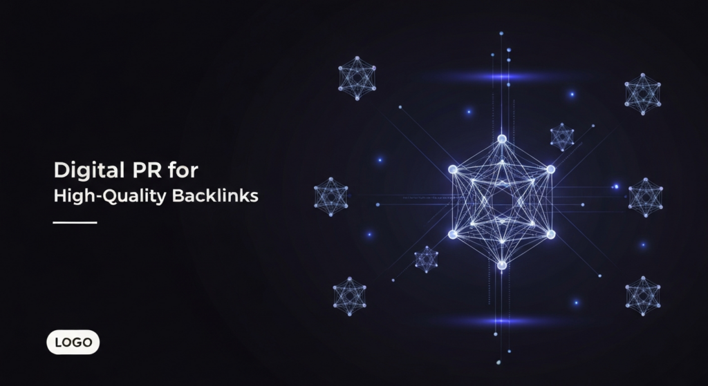 A dark, minimalist digital illustration for a blog featured image. A central, glowing geometric network node emits soft light trails connecting to several dimmer, high-authority shapes in the background, symbolizing digital PR generating high-quality backlinks for SEO. The text 'Digital PR for High-Quality Backlinks' is subtly glowing and overlaid. A monochrome website logo is in the bottom-left corner.