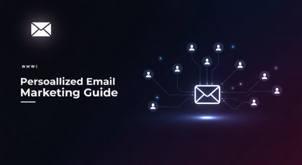 A wide banner image illustrating personalized email marketing. A central, glowing, minimalist email icon sends out segmented data streams to several abstract, softly illuminated user profiles on a dark blue and purple gradient background. The image has cinematic lighting, subtle neon and soft glow accents, and a modern tech illustration style. A text overlay reads 'Personalized Email Marketing Guide' with a subtle glow, and a monochrome website logo is subtly placed in the top-left corner.