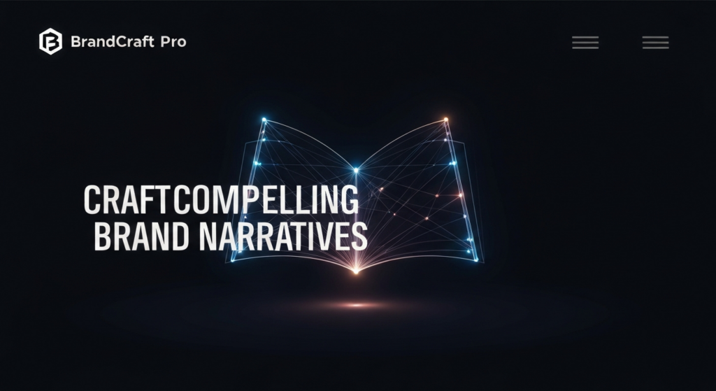A visually striking wide banner image depicting an abstract, glowing framework resembling an open book or a winding narrative path on a dark, gradient background. Soft, interconnected light streams emanate from the framework, symbolizing brand storytelling and audience connection. The text 'CRAFT COMPELLING BRAND NARRATIVES' is overlaid in a modern, glowing sans-serif font, with a subtle 'BrandCraft Pro' logo in the top-left corner. The image features cinematic, high-contrast lighting with a dark theme.