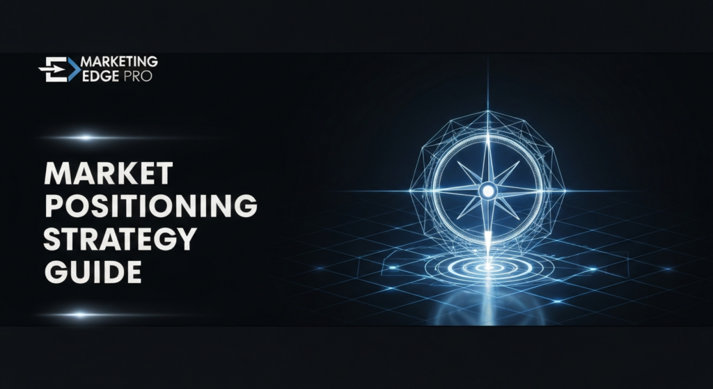 A dark, high-contrast illustration depicting a glowing, abstract 3D compass rose with a precise arrow pointing towards a target zone on a subtle digital grid. The image has a dark theme with neon and soft glow accents, representing market positioning strategy. Text overlay reads 'Market Positioning Strategy Guide' in a modern sans-serif font, with the 'Marketing Edge Pro' logo subtly placed in the top-left corner.