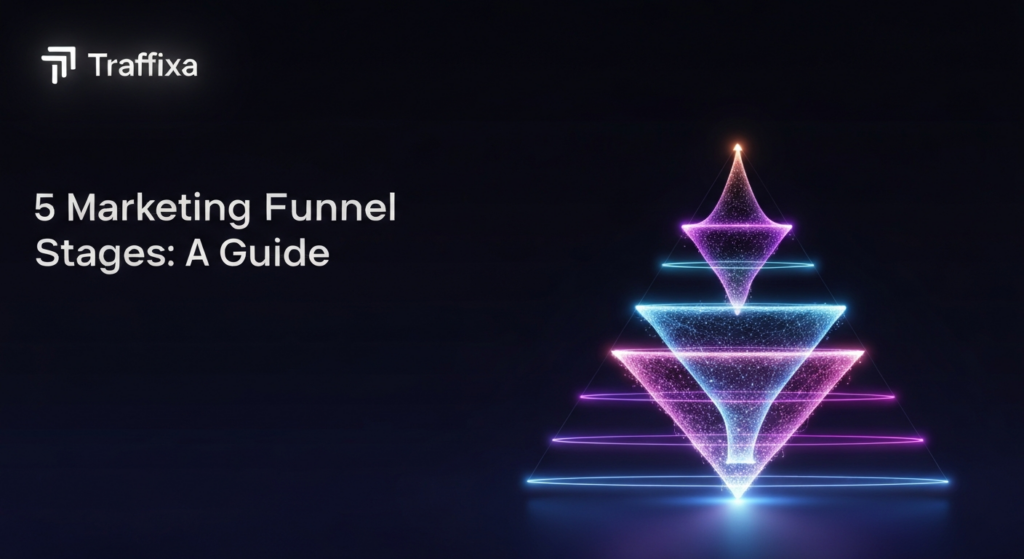 A modern, dark-themed digital illustration of a glowing five-stage marketing funnel. The abstract funnel, depicted as an inverted pyramid, emits soft neon light in various cool-toned colors, with subtle data streams flowing through its stages on a deep gradient background. The text '5 Marketing Funnel Stages: A Guide' is subtly overlayed, and the Traffixa logo is in the top-left corner.