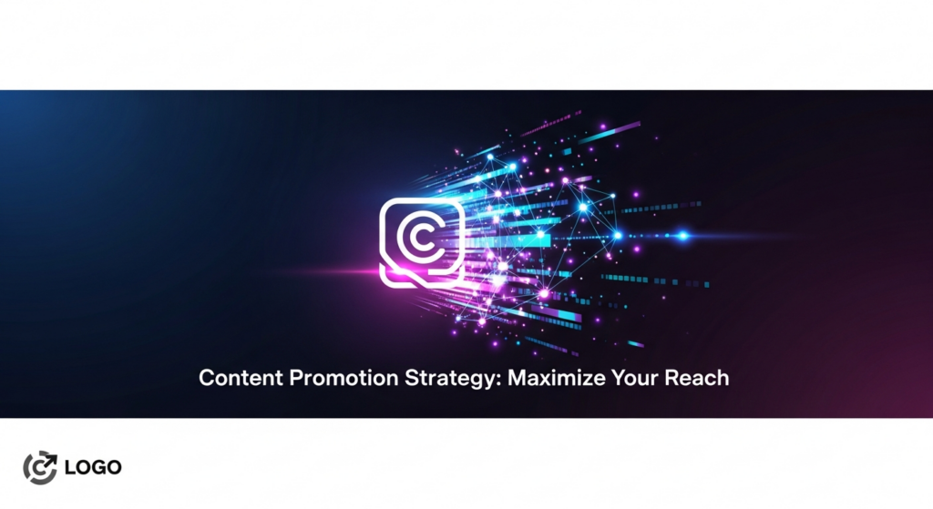 A dark-themed blog featured image showing a glowing, abstract icon representing content, with energetic lines and network nodes radiating outwards against a dark blue-purple gradient background. The text 'Content Promotion Strategy: Maximize Your Reach' is illuminated below the icon. A subtle monochrome logo is in the bottom-left corner. The image symbolizes content amplification and digital reach.
