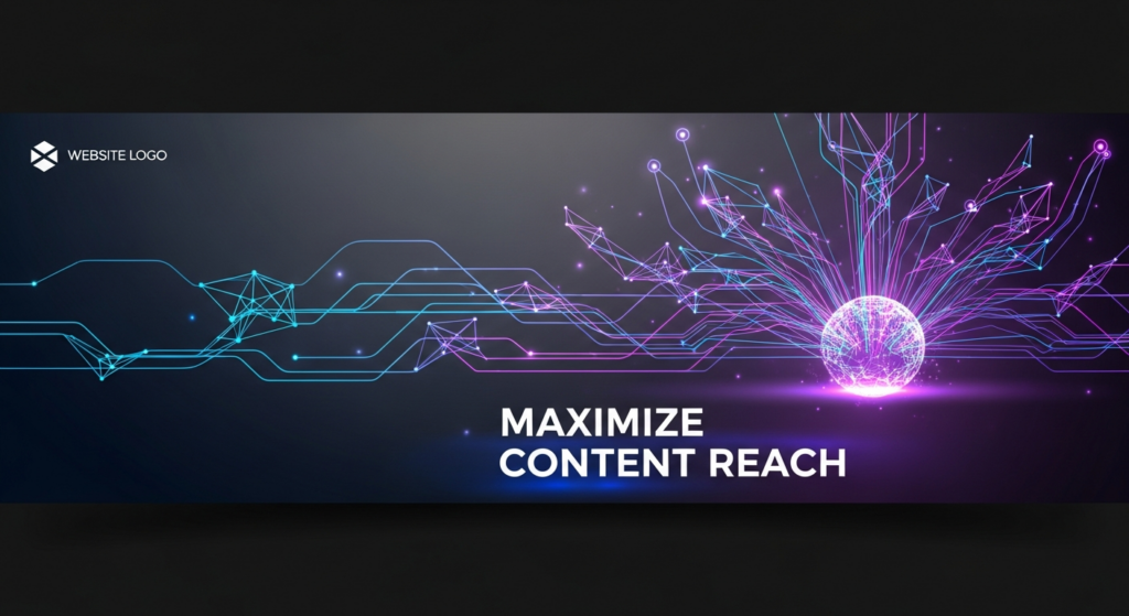 A dark-themed digital illustration for a blog featured image. A central, glowing sphere representing content emits expanding light beams and network lines across a dark gradient background, symbolizing content promotion and maximizing reach. The text overlay reads 'Maximize Content Reach'. A subtle website logo is in the top-left corner. The style is modern, minimal, and high-contrast with glowing accents.