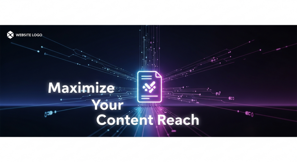 A dark, modern digital illustration featuring a central glowing icon representing a piece of content, from which multiple luminous data streams radiate outwards into a vast dark space. The image visually conveys the concept of content promotion and maximizing reach. The text overlay reads 'Maximize Your Content Reach'. A subtle website logo is visible in the top-left corner.