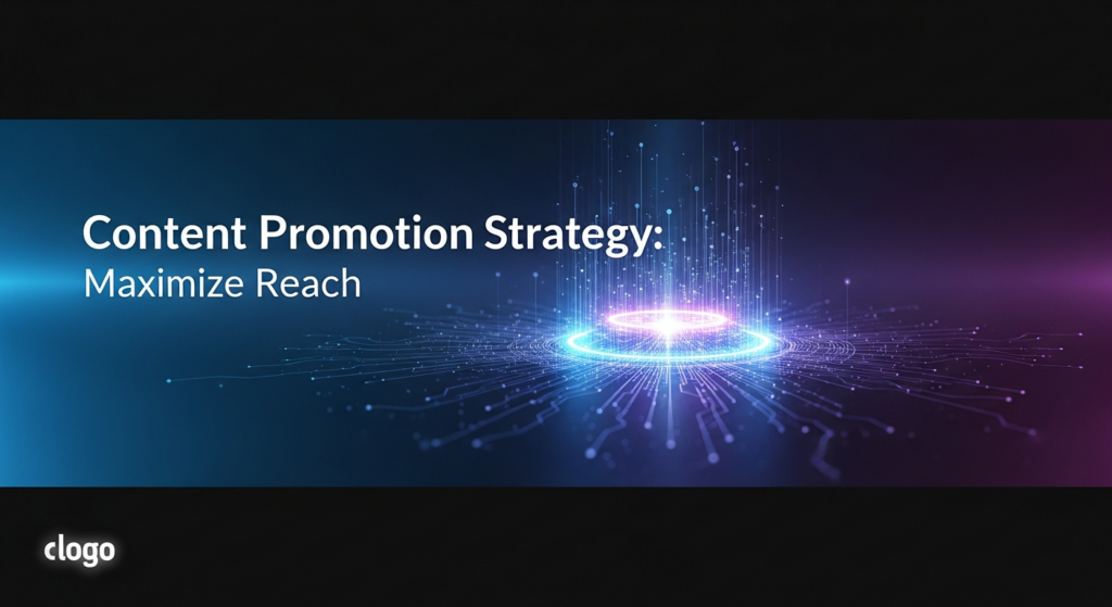 A dark, wide banner image showing a glowing blue and purple digital core radiating light and data streams across a dark gradient background, symbolizing content promotion and maximizing audience reach. The text 'Content Promotion Strategy: Maximize Reach' is prominently displayed with a subtle website logo in the bottom-left corner.