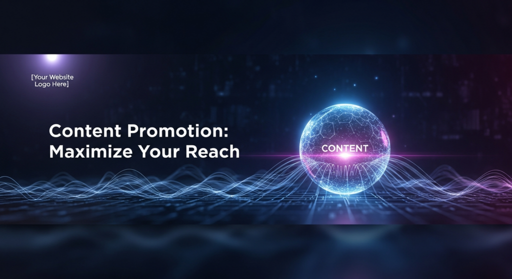 A dark themed, high-contrast illustration depicting a central glowing orb (representing content) emitting radiant lines and an interconnected network, symbolizing reach and promotion. The image has a modern tech aesthetic with neon blue and purple accents on a deep gradient background. Text overlay reads 'Content Promotion: Maximize Your Reach'. A subtle logo is in the top-left corner.
