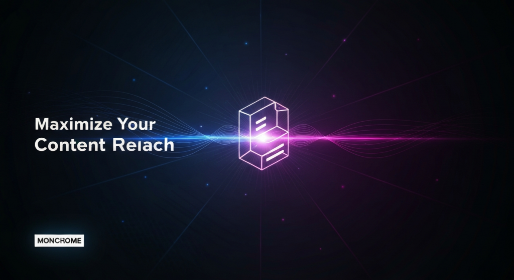 A dark, high-contrast digital illustration for content promotion. A central, glowing abstract icon representing content radiates lines of light outwards on a deep gradient background. The text 'Maximize Your Content Reach' is prominently displayed with a subtle glow. The image features cinematic lighting with electric blue and magenta highlights, a wide banner composition, and a minimalist style, designed for a dark-mode website.