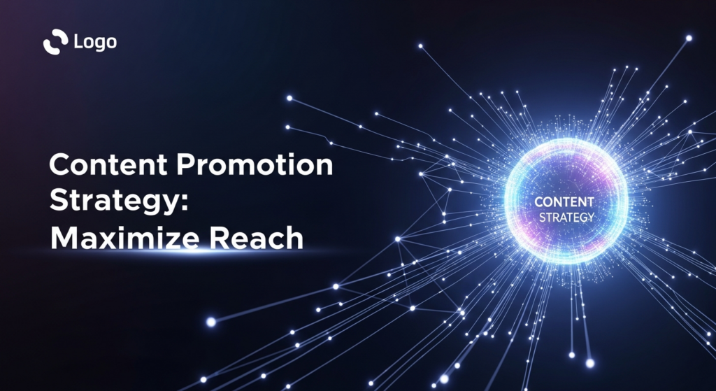 A wide, dark-themed banner image. In the center, a glowing abstract digital sphere emits radiating lines and light trails that connect to a network of smaller nodes across a dark gradient background. The visual represents content promotion and maximizing reach through digital amplification. The text 'Content Promotion Strategy: Maximize Reach' is overlaid with a subtle glow, and a monochrome website logo is in the top-left corner.