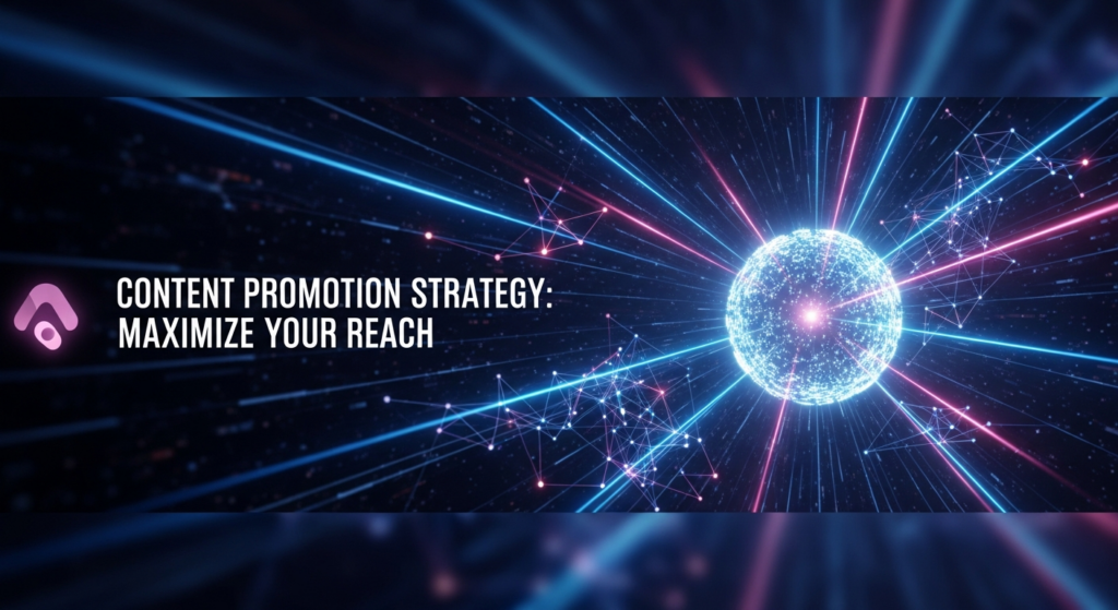 Dark, high-contrast digital illustration for content promotion. A central glowing sphere or stylized content icon emits vibrant, interconnected light beams and network lines, symbolizing amplified reach across a dark, gradient digital background. The text 'Content Promotion Strategy: Maximize Your Reach' glows in a modern sans-serif font, with a subtle logo in the bottom-left corner. The style is modern tech and marketing.