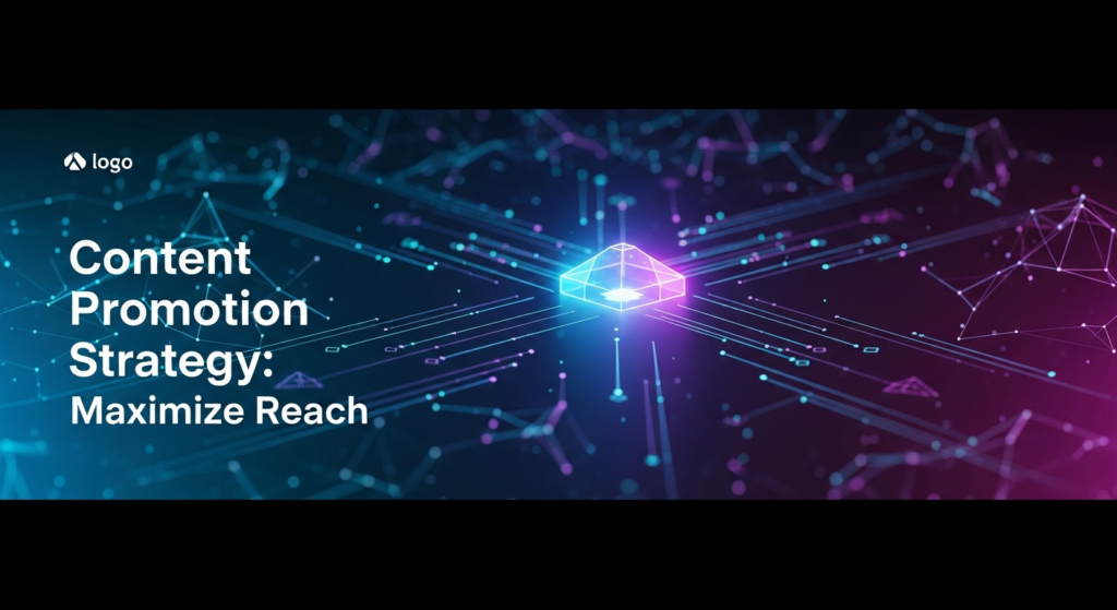 A dark-themed digital illustration featuring a central glowing abstract data node with multiple luminous data streams radiating outwards into a vast, dark digital network, symbolizing content promotion and maximizing reach. The text 'Content Promotion Strategy: Maximize Reach' is overlaid in a modern glowing font. A subtle website logo is in the top-left corner.