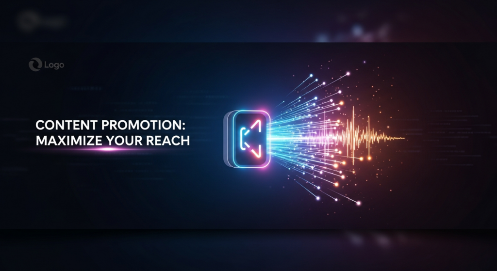A dark themed, wide banner image illustrating content promotion. A central, glowing digital network symbol radiates light and data waves outwards, representing maximized reach and amplification. The text 'CONTENT PROMOTION: MAXIMIZE YOUR REACH' is overlaid in a modern glowing font, with a subtle logo in a corner.