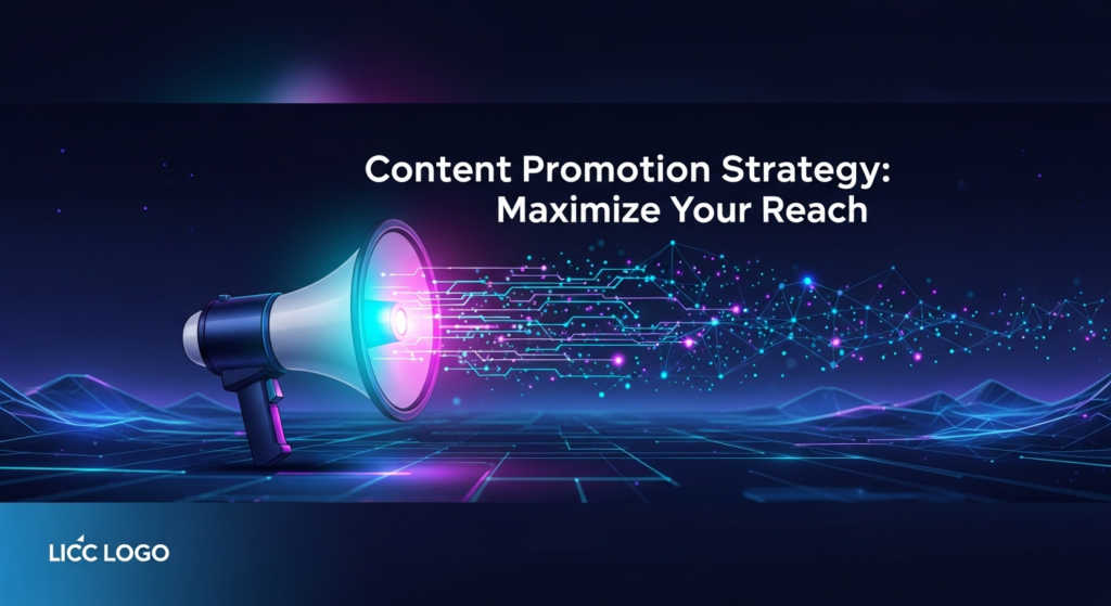 A wide banner image showing a stylized, glowing digital megaphone at the center, emitting interconnected data streams that spread across a dark, abstract digital landscape. The scene represents content promotion and maximized reach with cinematic lighting. The text 'Content Promotion Strategy: Maximize Your Reach' is prominently displayed with a subtle glow, and a monochrome website logo is subtly placed in the bottom-left corner.