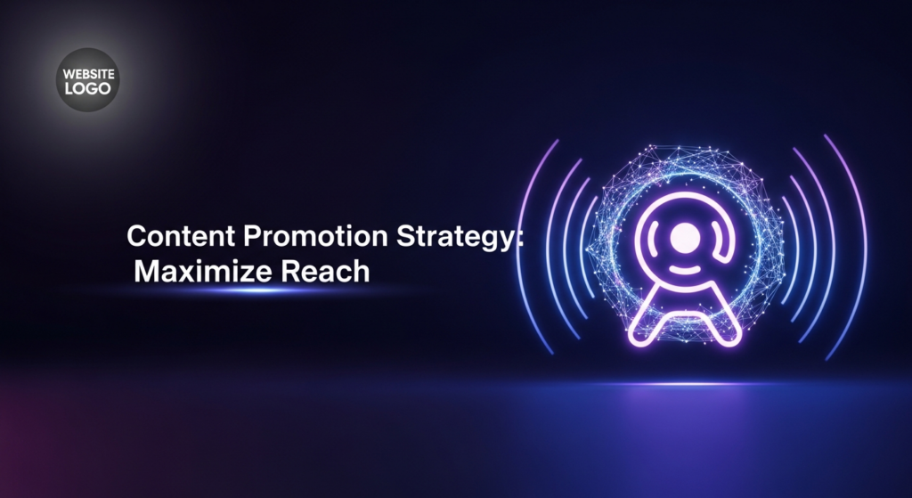 Abstract illustration of a glowing central symbol radiating light lines and network connections across a dark, deep blue-purple gradient background, representing content promotion and maximum reach. The image includes the text 'Content Promotion Strategy: Maximize Reach' and a subtle website logo.