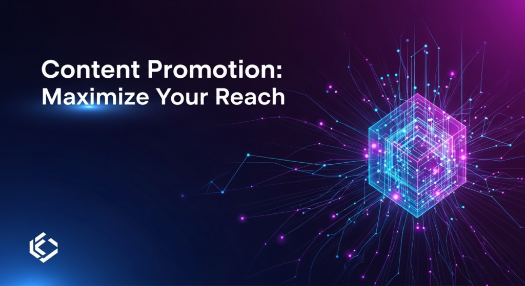 A dark, wide banner image showing a central glowing abstract icon representing content, with vibrant, neon-lit data streams and network lines radiating outwards across a deep blue and purple digital background. The text overlay reads 'Content Promotion: Maximize Your Reach' in a modern sans-serif font with a subtle glow. A minimalist brand logo is subtly placed in the bottom-left corner. The overall style is modern, high-contrast, and digital, conveying the concept of maximizing content reach.