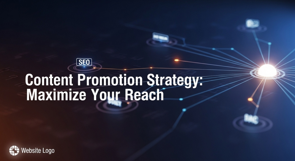 A dark, modern digital illustration featuring a central glowing network of data points and radiating lines, symbolizing content promotion and maximizing digital reach. The image includes the text 'Content Promotion Strategy: Maximize Your Reach' and a subtle website logo.